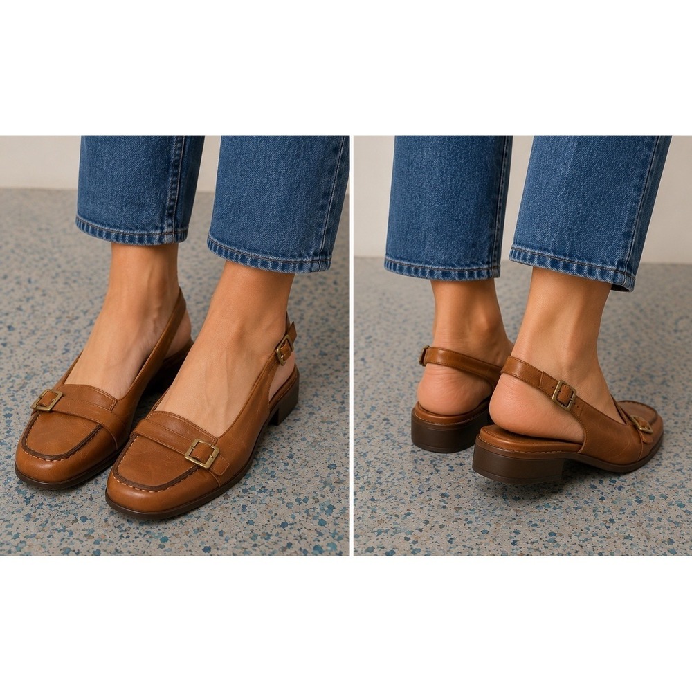 Softspots Shoes Women's 10M Tan Leather Slingback Low Heels Comfort Square Toe